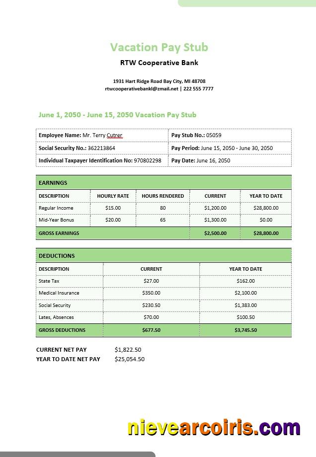 RTW Cooperative bank vacation  pay stub